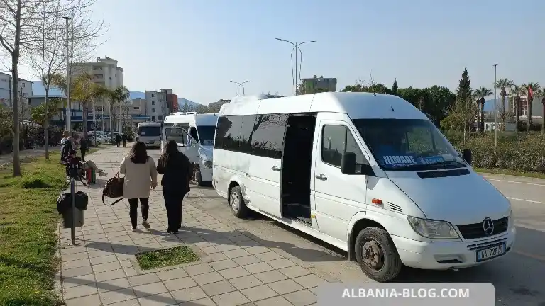 A minivan at the Vlora bus terminal in 2026