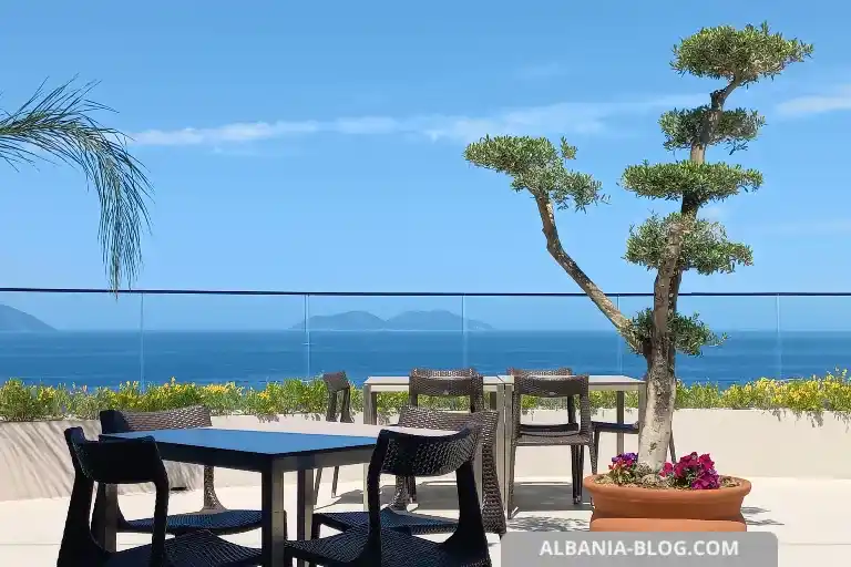 Rooftop terrace at Valza Boutique Hotel Vlore with sea view and Sazan Island