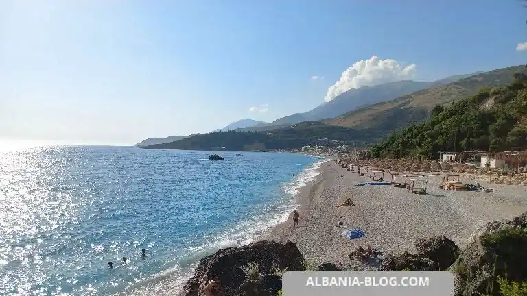Panoramic view of the southern part of Livadhi Beach near Himara, Albania in June 2026