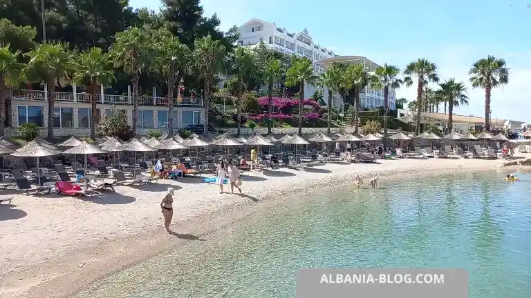 Morning view of the sandy beach and calm sea at Santa Quaranta near Saranda, Albania