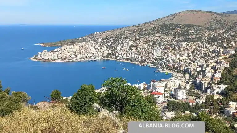 Panoramic view of Saranda and the Ionian Sea from Lekuresi Castle in Albania