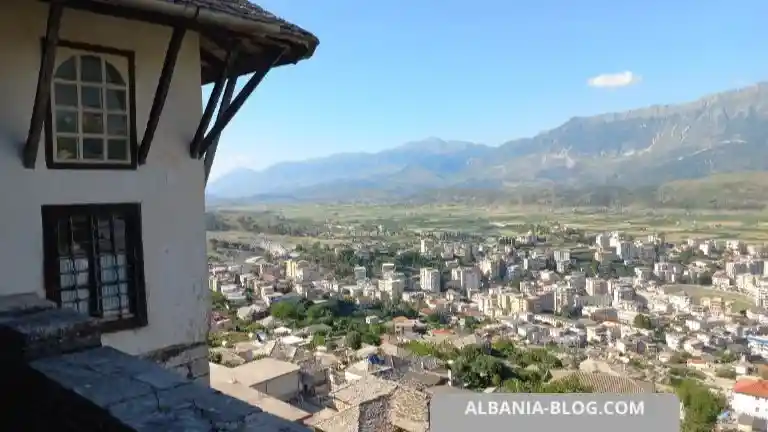 Zekate House tower and panoramic view of Gjirokastër Old Town in Albania