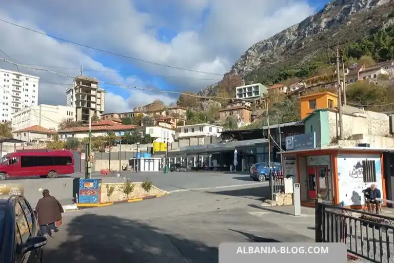 Parking area near Kruja Castle with mountains in the background
