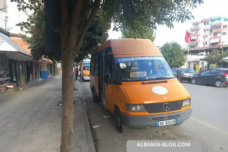 Tirane–F.Kruje minibus waiting at the central stop in Fush-Kruje